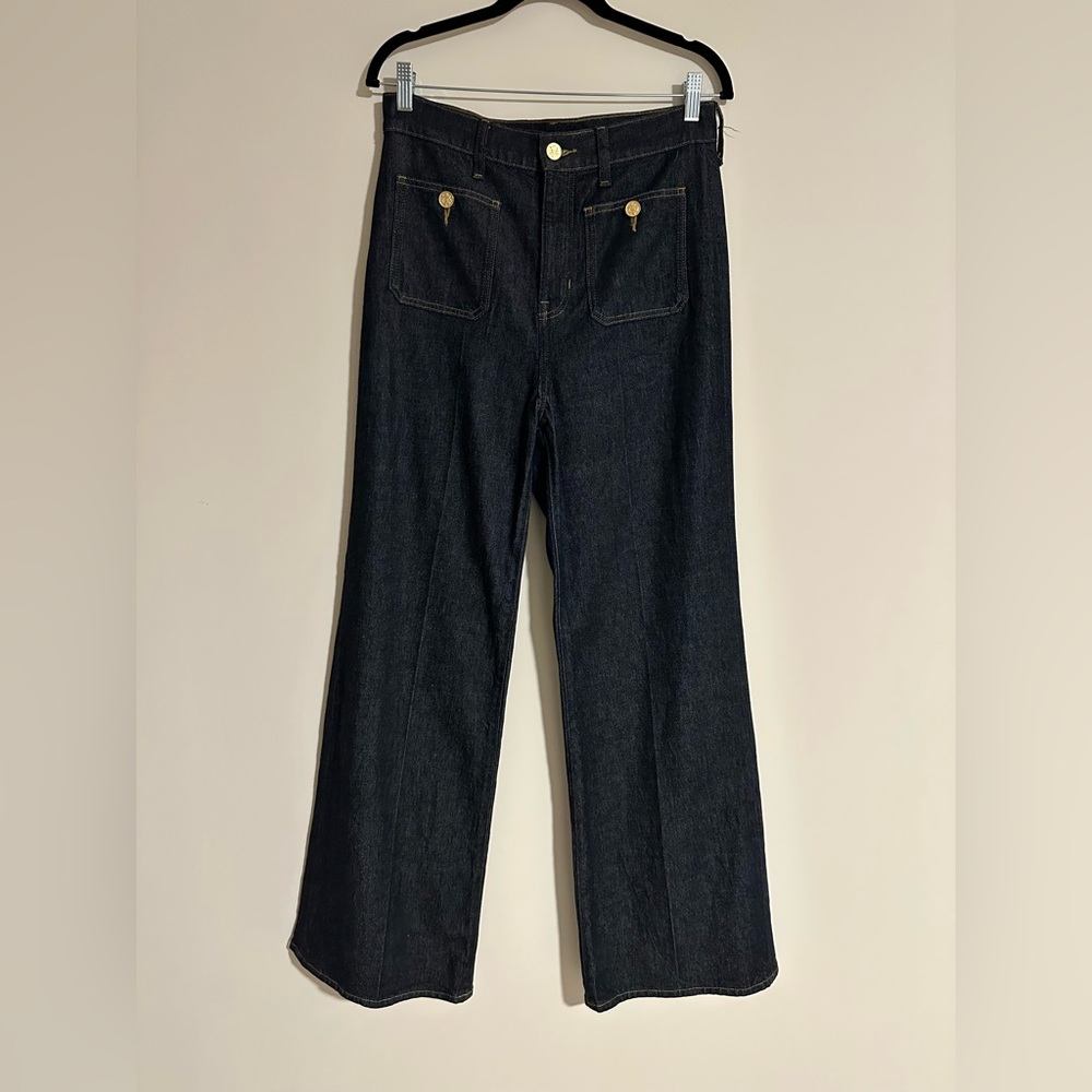 J. Crew Blue Wide Leg Trouser Jeans with Gold Button Detail